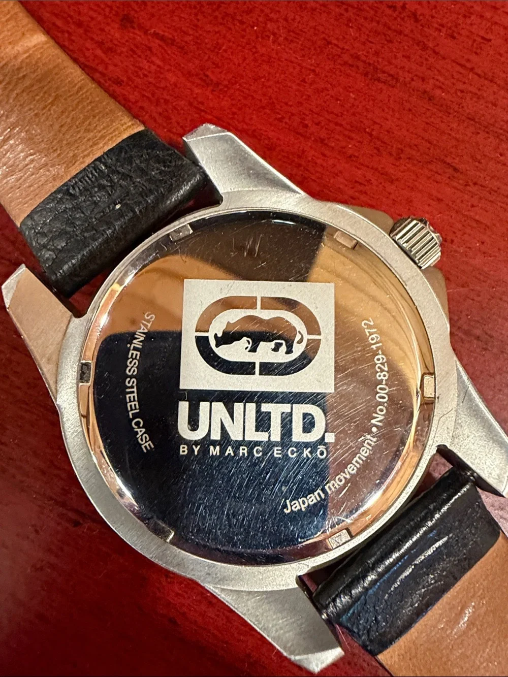 Marc Ecko Unltd. Vintage Black Dial Rhino Watch with Black Leather Strap EUC.